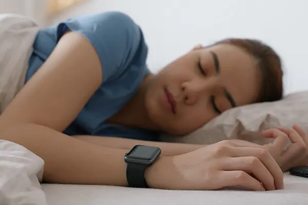 Woman sleeping with fitness watch on